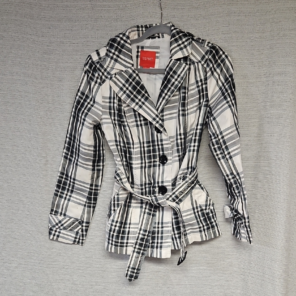Esprit Women's Black and White Plaid Mid Length Trench Coat